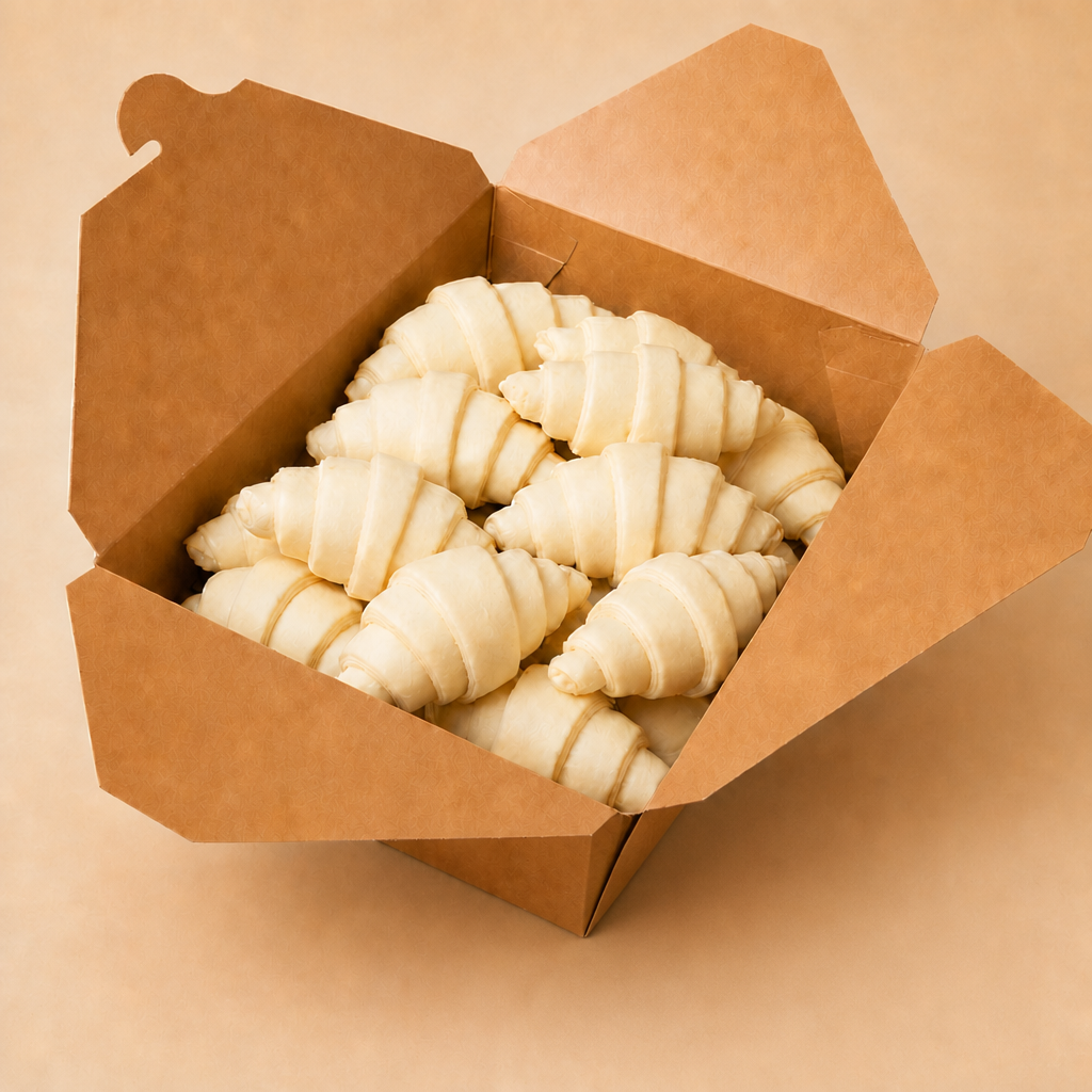 Open box of 40 raw frozen croissants
