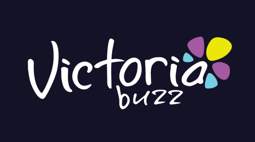 Victoria Buzz banner/logo – dynamic typography and vibrant colors, yellow, purple, blue, conveying energy and a focus on local news in Victoria.