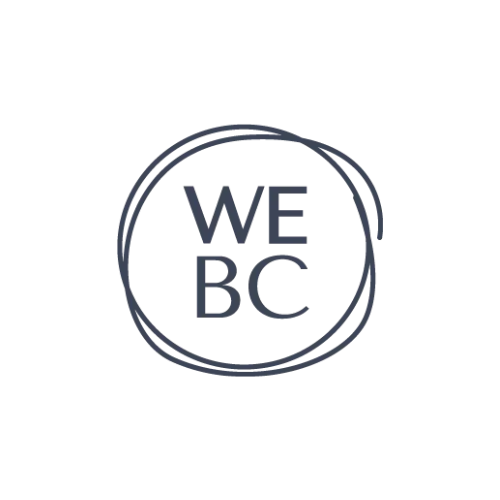 WeBC logo featuring the letters ‘WE’ above ‘BC’ in a hand-drawn circular outline, all in a navy color.