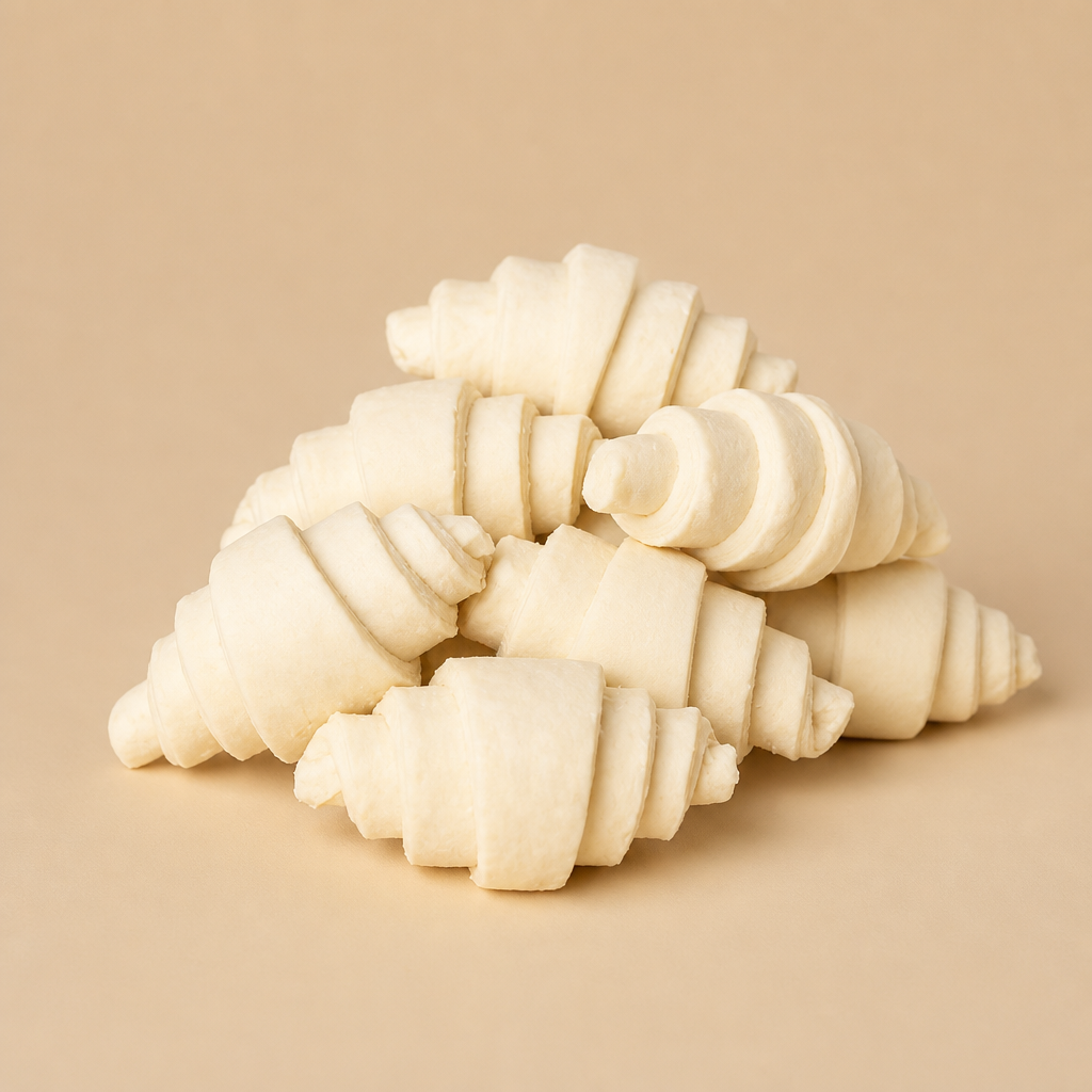 Stack of raw frozen hand-rolled croissants
